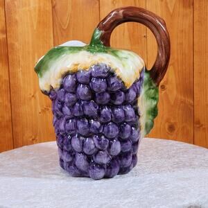 Vintage Portuguese Grape Pitcher Majolica Style Purple Vine Handle Hand Painted